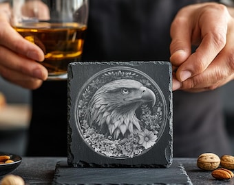 Plik do grawerowania laserowego podstawki łupkowej, iluzja 3D, dziki orzeł | Pobieranie obrazu PNG | Wystrój domu, plik Lightburn, plik Glowforge #003