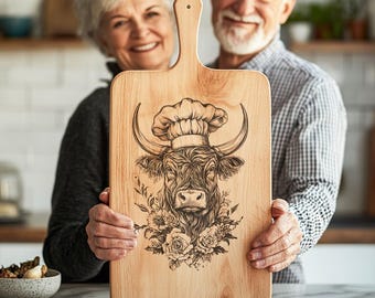 Highland Cow Chef Engraving for Charcuterie Board, Farmhouse Decor, PNG Laser Design for Glowforge & Lightburn