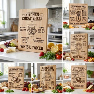 May include: A light-colored wooden cutting board featuring a laser-engraved kitchen cheat sheet with cooking measurements, temperature conversions, and the text "KITCHEN CHEAT SHEET" and "WHISK TAKER" printed in a dark brown font on the surface.