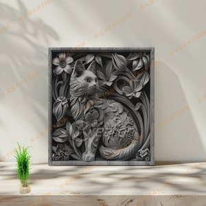 May include: A gray, three-dimensional carved wooden wall art piece depicting a cat sitting in a floral design.