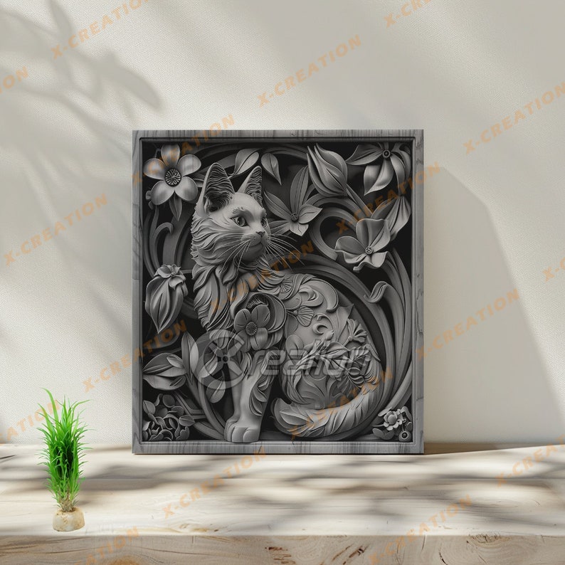 May include: A gray, three-dimensional carved wooden wall art piece depicting a cat sitting in a floral design.