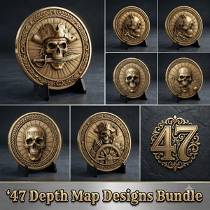 Può includere: Una collezione di medaglioni circolari color oro con rilievi di teschi, motivi pirateschi e temi nautici. Ogni medaglione è esposto su un supporto nero. Il set include quarantasette diversi design di mappe di profondità.