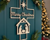 Christmas Nativity SVG, Cross Laser Cut File, Christian Door Hanger Sign