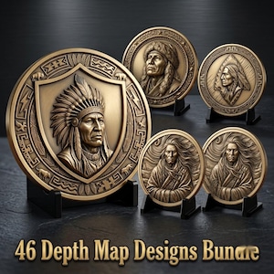 May include: Five circular bronze-toned plaques featuring relief portraits of Indigenous figures in traditional attire, displayed on black stands. The largest plaque shows a person in a feathered headdress within a shield. Text reads: 46 Depth Map Designs Bundle.