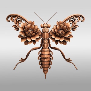 May include: A detailed bronze-colored sculpture of an insect with floral wings. The insect's body is segmented, with intricate details on the legs and abdomen. The wings are stylized as large, blooming flowers with delicate petal patterns. The sculpture has a symmetrical design.