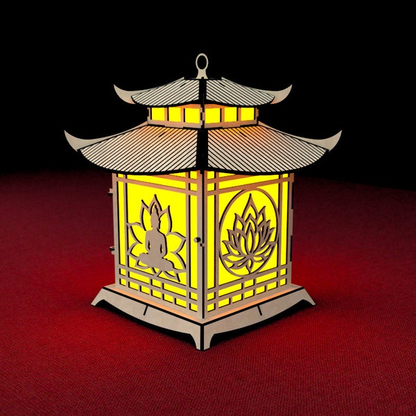 Pagode Laterne Licht Laser Cut Datei Buddha Lotus Kerzenhalter Lampe Digitaler Download SVG, DXF, AI