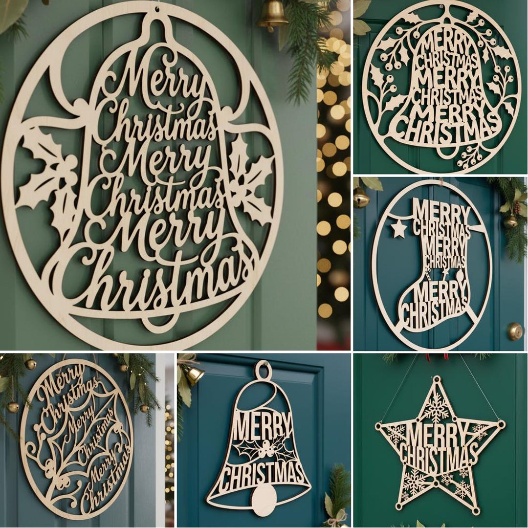 Christmas Door Hanger SVG Bundle, Merry Christmas Sign Laser Cut File ...