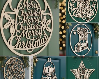 Weihnachten Türschild SVG Bundle, Frohe Weihnachten Zeichen Laser Cut Datei, 6 Weihnachtsrunden Designs für Laser