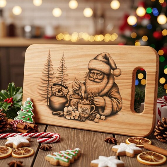 Santa Charcuterie Board Laser Engraving: Holiday Hot Cocoa Design