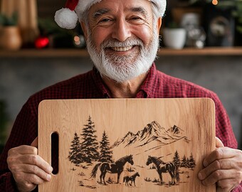 Fichier de gravure de planche de charcuterie de famille de chevaux, décoration de cuisine de Noël d'hiver, conception laser de planche à découper pour Glowforge et Lightburn