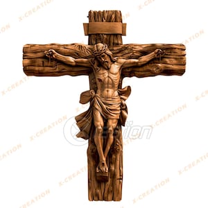 May include: A wooden crucifix with a carved figure of Jesus Christ. The figure is depicted with a crown of thorns, a loincloth, and a flowing robe. The crucifix is made of a light brown wood with a natural finish.