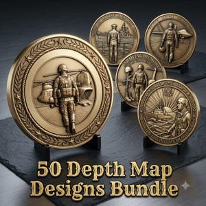 May include: A collection of four circular bronze-toned commemorative coins displayed on black stands. Each coin features embossed military-themed imagery, including soldiers, helicopters, ships, and aircraft, with text reading "IN LOVING MEMORY" and "HONOR SERVICE EXCELLENCE".
