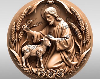 Può includere: Una scultura a rilievo circolare dettagliata, nei toni del marrone, raffigura una scena religiosa. Una figura con capelli lunghi e barba, forse Gesù, è inginocchiata e tocca un agnello. Spighe di grano e rose circondano le figure centrali.