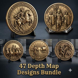 May include: A collection of five circular bronze-toned medallions featuring relief carvings of Roman soldiers, horses, and military equipment. The text 47 Depth Map Designs Bundle is displayed at the bottom. Each medallion is mounted on a black stand.