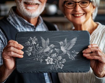 Slate Cheese Board Laser Engraving File, Couple of Hummingbird, Birds | Kitchen Decor, Charcuterie, Cutting, Chopping Board #002