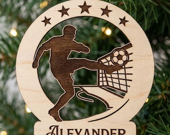 Soccer Ornament SVG Laser Cut File, Personalized Christmas Striker with Custom Name, Boys Soccer Player Gift