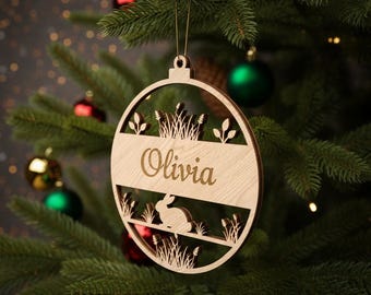 Christmas Ornament Laser Cut File, Personalized Rabbit SVG, Cute Bunny and Grass Woodland Animal Design