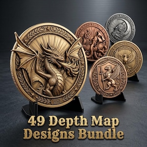 May include: A collection of circular medallions featuring intricate relief designs, including a fire-breathing dragon, a kraken, a phoenix, and a wolf howling at a crescent moon. The text 49 Depth Map Designs Bundle is displayed at the bottom.