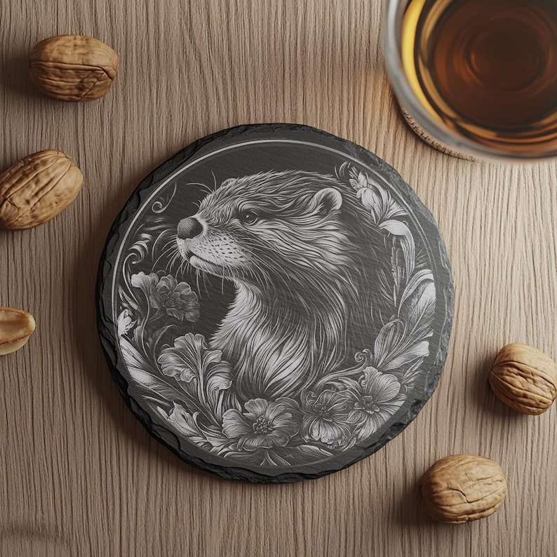 File per incisione laser Wild Otter per sottobicchieri in ardesia, design con illusione 3D per Glowforge e Lightburn immagine 1