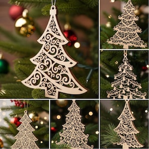 Puede incluir: Adornos de árbol de Navidad de madera con intrincados diseños recortados. Los adornos tienen forma de árboles de Navidad, con varios patrones de espirales, campanas y faroles. Cada adorno está suspendido por un hilo fino, listo para colgar.