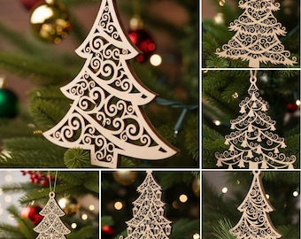 Adornos navideños cortados con láser SVG, 6 adornos navideños de pino, archivo digital de árbol de Navidad