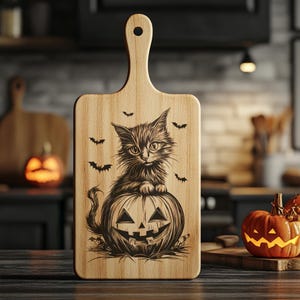 Halloween Charcuterie Board Laser Engraving File, Scary Cat and Pumpkin | Kitchen Decor, Cutting Board, Chopping Board #009