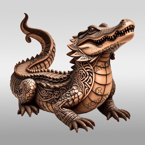 May include: A detailed wooden sculpture of an alligator with intricate Celtic knotwork carvings. The alligator is posed with its head raised, showcasing its teeth and detailed scales. The sculpture is a warm brown color.