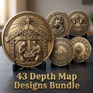 May include: A collection of five circular bronze-toned medallions displayed on black stands. The largest medallion features a nativity scene with the words GLORY, PRAISE, GRACE, FAITH, STRENGTH, and PEACE. Other medallions depict a dog, a ram, a dove, and sheep.