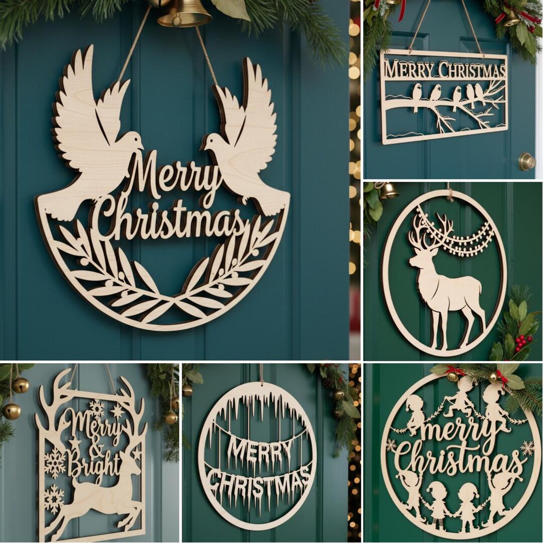 Christmas SVG Bundle Door Hanger Laser Cut File, 6 Round Monogram ...