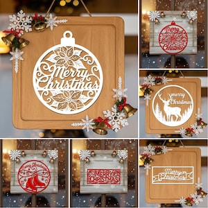 Christmas Door Hanger SVG Bundle, 6 Laser Cut Files for Round Christmas Signs, Glowforge Designs image 2