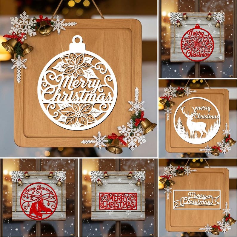 Christmas Door Hanger SVG Bundle, 6 Laser Cut Files for Round Christmas Signs, Glowforge Designs image 2