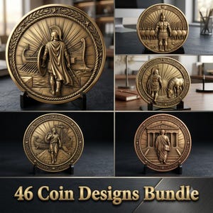 Puede incluir: Una colección de cinco monedas circulares en tonos bronce con diseños en relieve de figuras antiguas, incluyendo un guerrero con escudo y lanza, un soldado ante un ejército, una persona con un caballo, un viajero y una figura caminando hacia un templo.