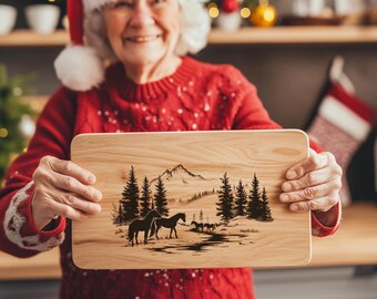 Fichier de gravure de famille de chevaux pour planche de charcuterie, décoration d'hiver de Noël, conception laser de planche à découper pour Glowforge et Lightburn