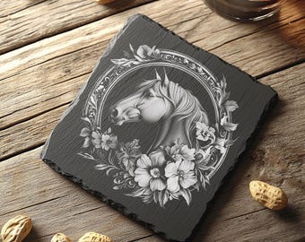 Plik do grawerowania laserowego podstawki łupkowej, iluzja 3D, dziki koń | Pobieranie obrazu PNG | Wystrój domu, plik Lightburn, plik Glowforge #006