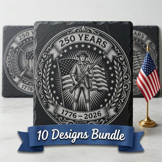 Usa 250 Anniversary Engraving File, Patriotic Laser Designs For Slate Coasters, 10 Historical Emblem Art Bundle