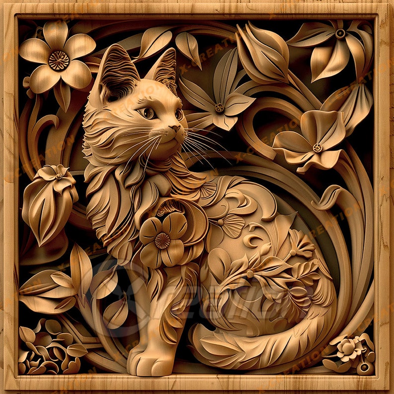 May include: A wooden carving of a cat sitting in a garden setting. The cat is intricately detailed with floral patterns and leaves. The carving is a light brown color and has a smooth, polished finish.