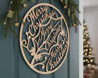 Christmas Door Hanger SVG, Round Christmas Sign Laser Cut File, Welcome Porch Sign for Laser Cutters, Wood Sign SVG