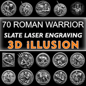 Bundle of 3D illusion Roman Warrior Designs, Slate Coaster Laser Engraving Files | PNG Download, Home Decor #001
