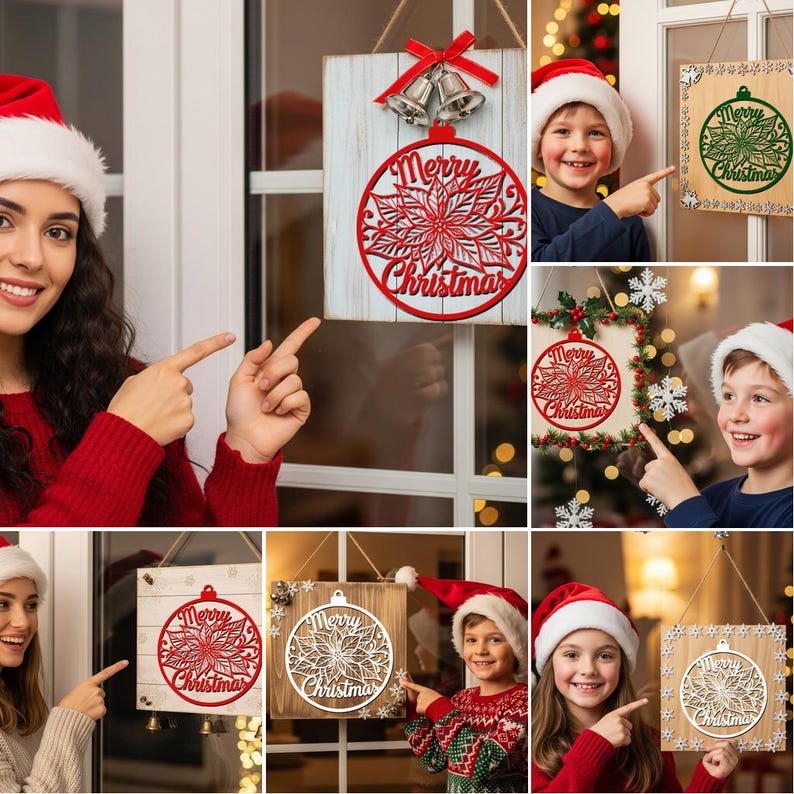 Christmas Door Hanger SVG Bundle, 6 Laser Cut Files for Round Christmas Signs, Glowforge Designs image 4