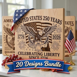 America 250 SVG, patriotisk laserfil för gravyr, amerikanska kulturarvsdesigner för skärbrädor, minneskonst för självständighetsdagen bild 1