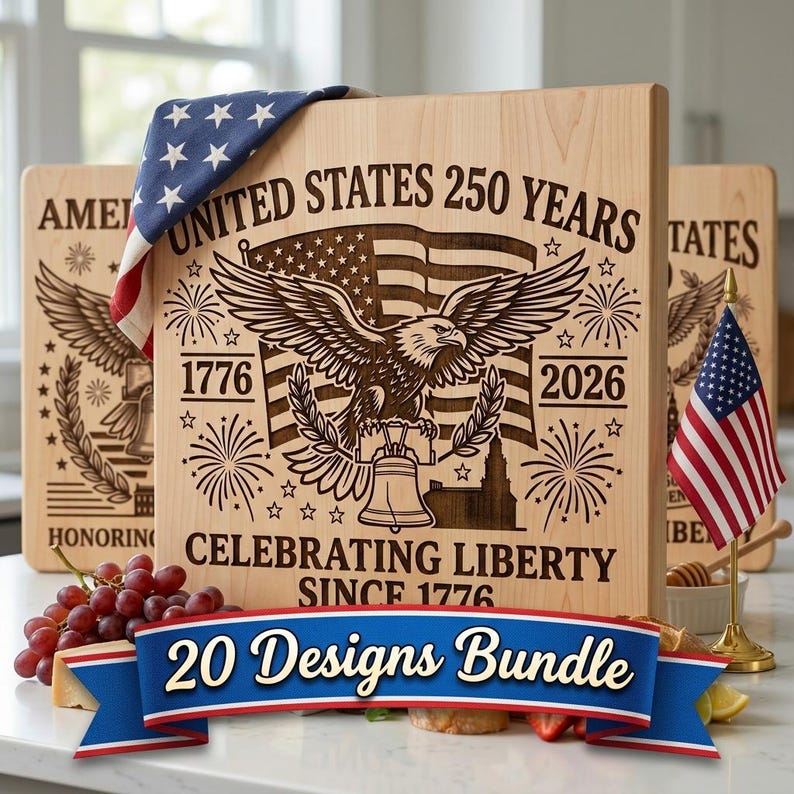 America 250 SVG, patriotisk laserfil för gravyr, amerikanska kulturarvsdesigner för skärbrädor, minneskonst för självständighetsdagen bild 1
