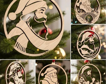 May include: Wooden Christmas ornaments featuring Santa Claus designs. Each ornament is laser-cut with intricate details, including Santa's face, a sleigh, and a bridge scene. The ornaments are circular and have a natural wood finish, perfect for holiday decor.