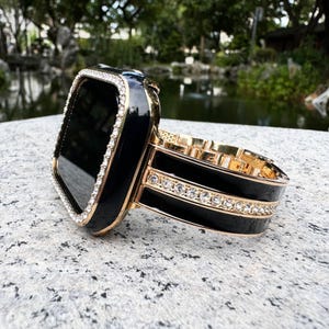 Guldsvart GlamourLink Kristall Apple Watch-armband Bling Diamanter Rostfritt Stål 11/10/9/8/7/6/5 iWatch 38 40 41 42 44 45 46 49 mm Damberlocker