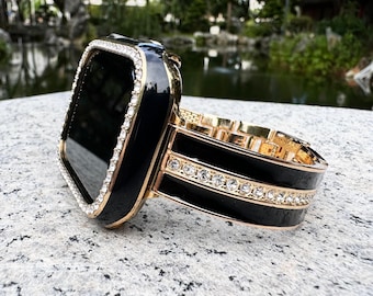 Gold Black GlamorLink Crystal Apple Watch Band Bling Diamonds Stainless Steel 12 to SE iWatch 38 40 41 42 44 45 46 49mm Women Charms