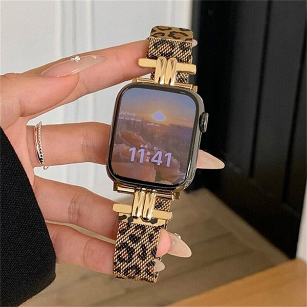 Leopard Print Pattern Milanese Apple Watch Band Loop Magnetic Clasp Bracelet iWatch Strap 38 40 41mm 42 44 45 49mm Series 9/8/7/6/5/4/3/SE