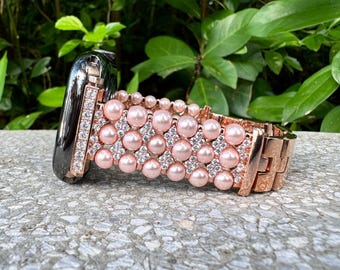 Rose Gold Pink Elegant Pearl Metal Link Apple Watch Band Bracelet Strap Stainless Steel Series 10/9/8/7/6/5/4/3/2 38 40 41 42 44 45 46 49mm