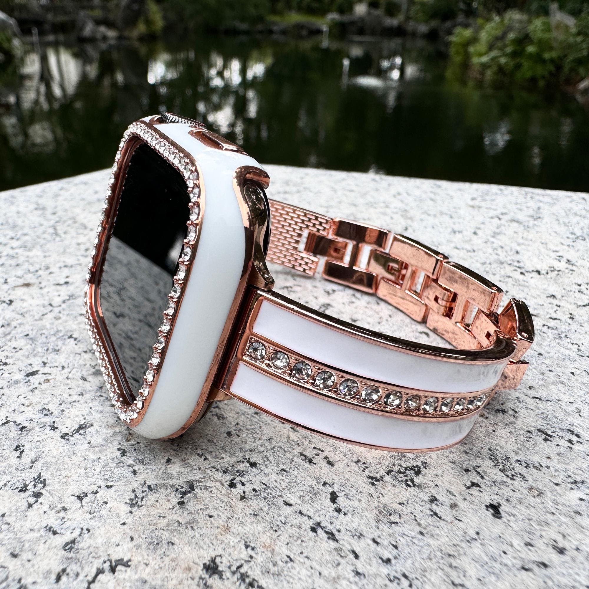 Rose Gold White GlamorLink Crystal Apple Watch Band Bling Diamonds Stainless Steel 10/9/8/7/6/5/SE iWatch 38 40 41 42 44 45 46 49mm Women