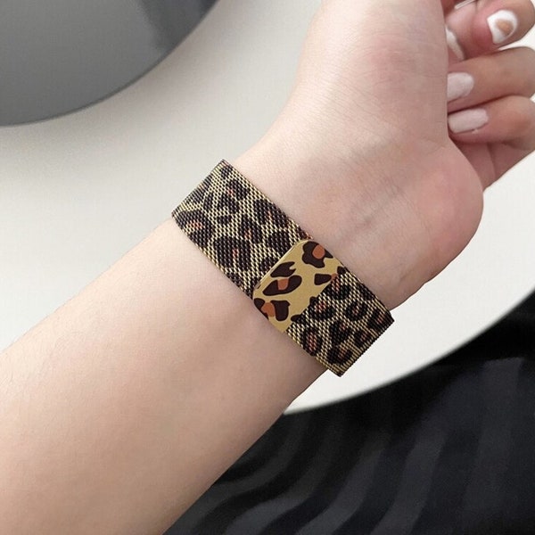 Leopard Print Milanese Apple Watch Strap Magnetic Charms Loop Band Free Size 49mm 45mm 44mm 42mm 41mm 40mm 38mm Bracelet Jewelry Watch Wrist