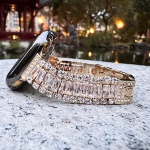Golden Sparkle Bling Diamonds Apple Watch Band Series Stainless Steel 10/9/8/7/6/5/SE Ultra iWatch Band 38 40 41 42 44 45 46 49mm Women