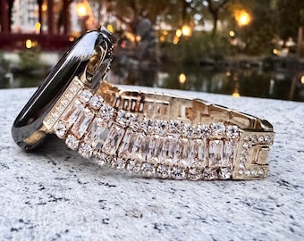 Golden Sparkle Bling Diamonds Apple Watch Band Series Stainless Steel 12 to SE Ultra iWatch Band 38 40 41 42 44 45 46 49mm Women